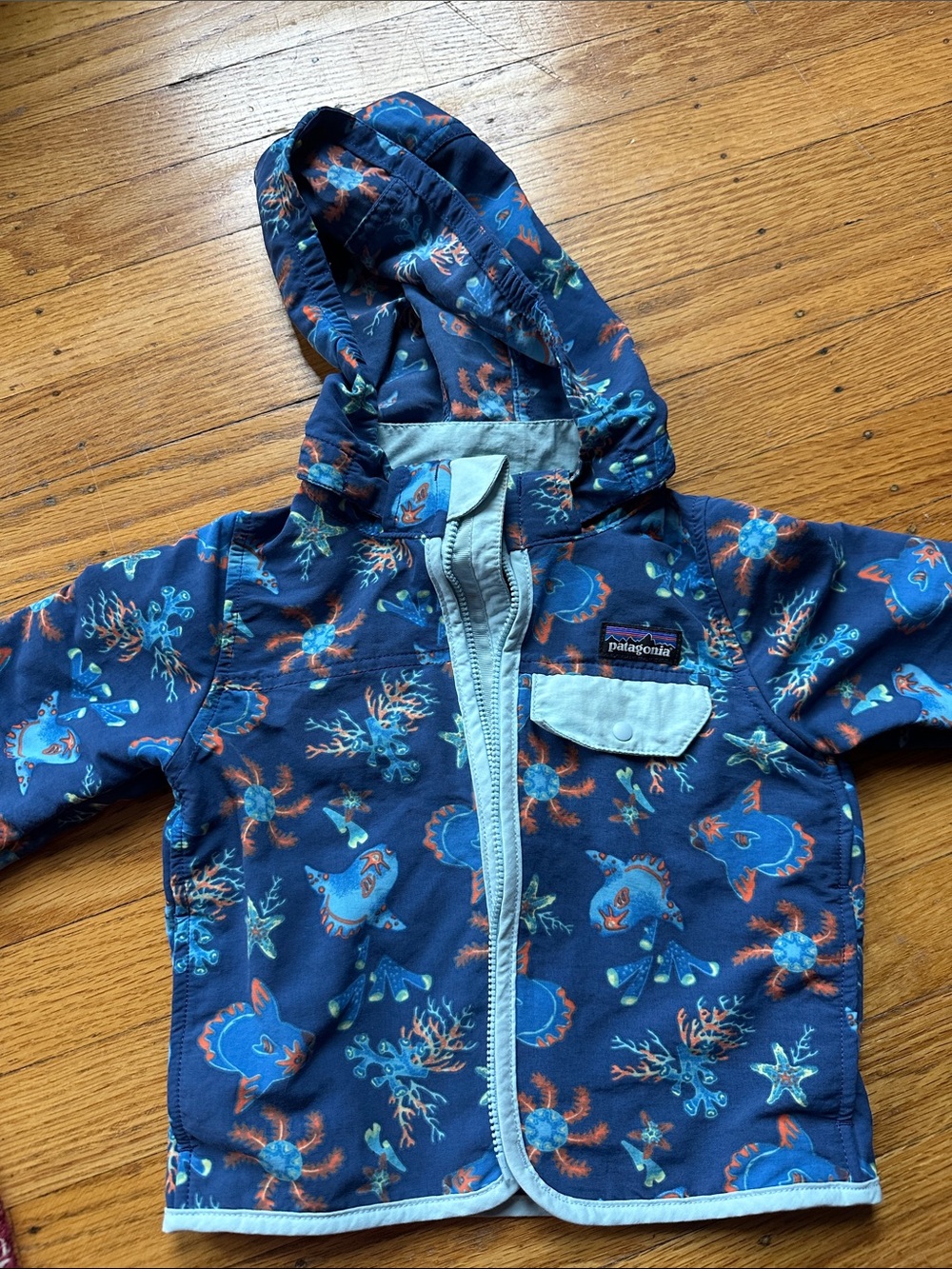 Patagonia Blue Kids Removable Hooded Jacket with Aqua Trim and Sea Life Print